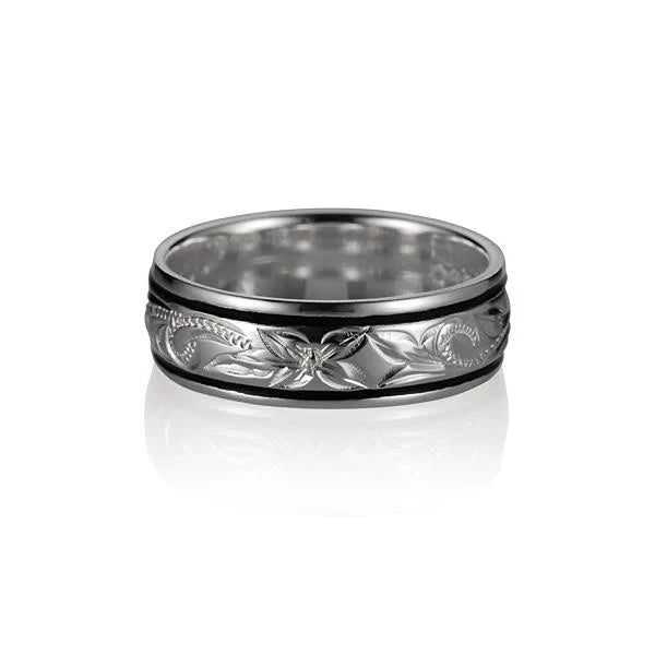 Hawaiian 925 Sterling Silver 6mm Scroll B/B ring, crafted with 925 sterling silver, featuring intricate scroll detailing.