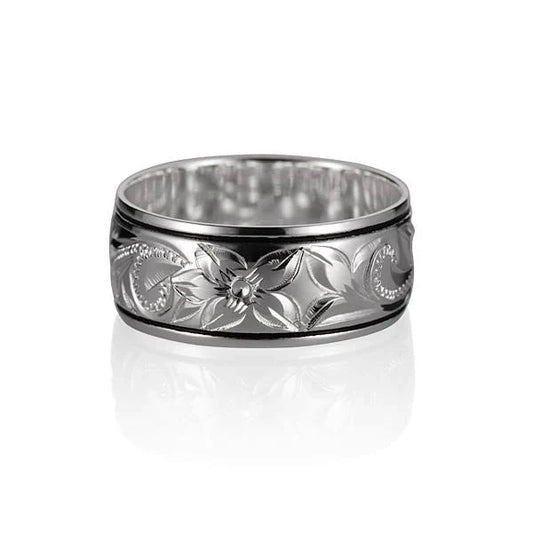 Sterling silver 10mm Scroll B/B ring by Ashley's Gift Shop, featuring intricate engraved design and polished finish.