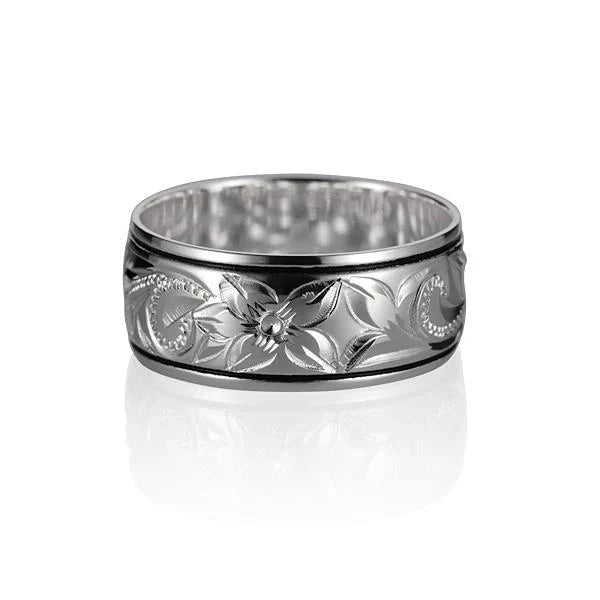 Hawaiian 925 Sterling Silver scroll B/B ring, 10mm width, featuring intricate engraved design and polished finish.