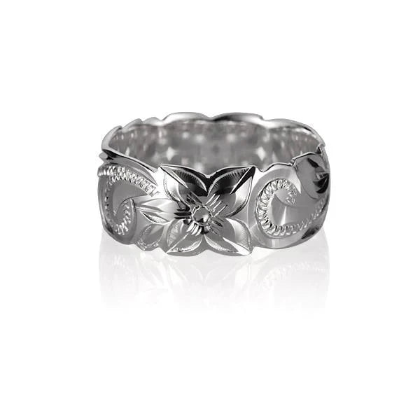 Hawaiian 925 Sterling Silver 8mm Scroll C/O ring, featuring intricate scroll design and polished finish.