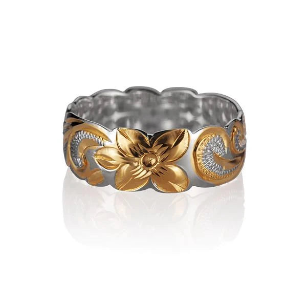 Hawaiian 925 Sterling Silver 2T YG Queen Design c/o ring with 8mm width, featuring detailed crown pattern on a shiny band.