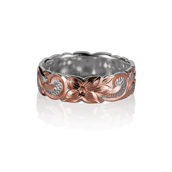 Hawaiian 925 Sterling Silver queen Design c/o PG ring, 6mm width, featuring intricate detailing.