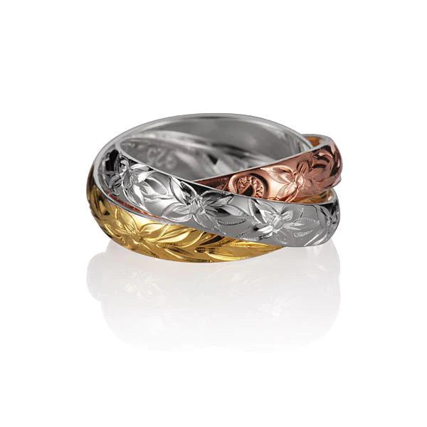 Hawaiian 925 Sterling Silver 3-in-1 tricolor ring with layered bands, yellow, and white gold-tone finishes.