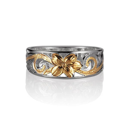 925 sterling silver 2T YG scroll S/T ring with intricate engraved design, displayed on a neutral background