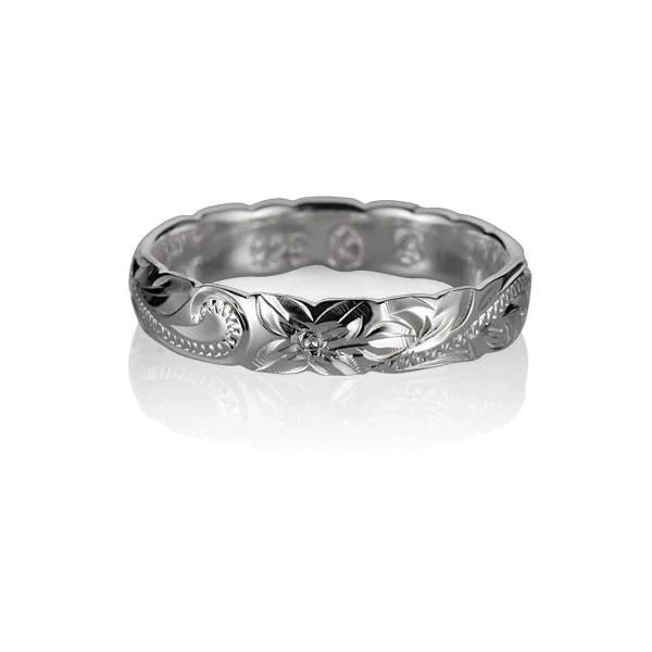 Hawaiian 925 Sterling Silver c/O Princess Scroll Ring with 4mm band, featuring elegant scroll detailing.