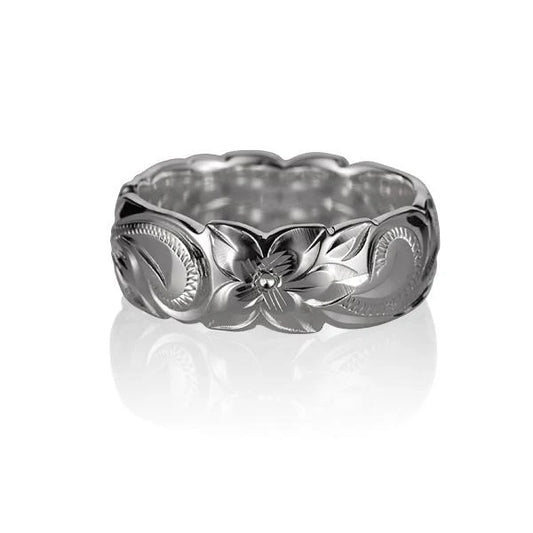 Sterling silver 8mm by 1.7mm scroll cable ring with intricate design, crafted from 925 sterling silver.