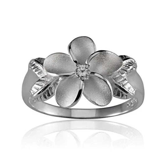 Sterling silver Plumeria 4 Leaf ring, 15mm diameter, featuring detailed floral design on a shiny band.