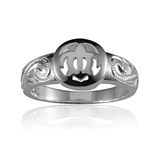 925 sterling silver Circle Honu engraved scroll ring featuring a Hawaiian turtle design, detailed and polished jewelry piece.