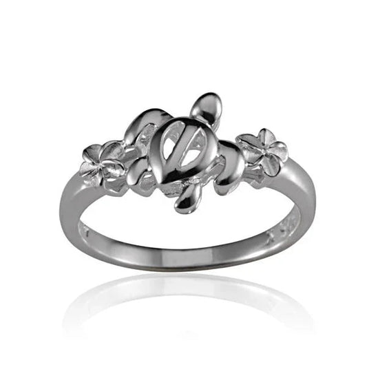 Sterling silver Plumeria Honu ring featuring a Hawaiian turtle design, crafted by Ashley's Gift Shop.