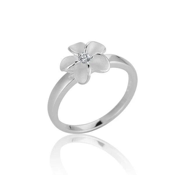 Hawaiian 925 Sterling Silver plumeria CL CZ ring with 10mm flower design, featuring sparkling cubic zirconia accents.