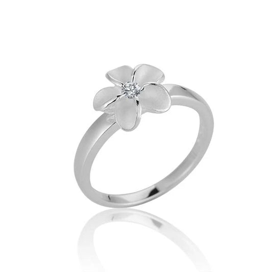 Sterling silver Plumeria CL CZ ring with 10mm flower design, showcasing intricate floral details and sparkling cubic zirconia accents.