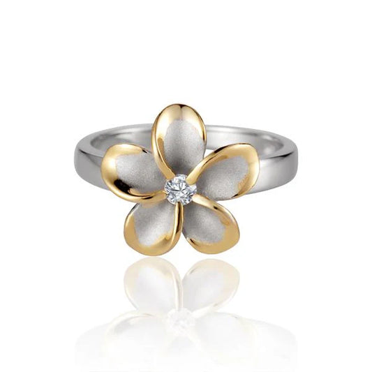 Sterling silver Plumeria CL CZ ring, 12mm, featuring a floral design with cubic zirconia, crafted by Ashley's Gift Shop.