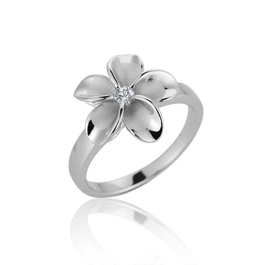 Sterling silver SR Plumeria CZ ring with 15mm design, featuring flower-shaped details and a polished rhodium finish.