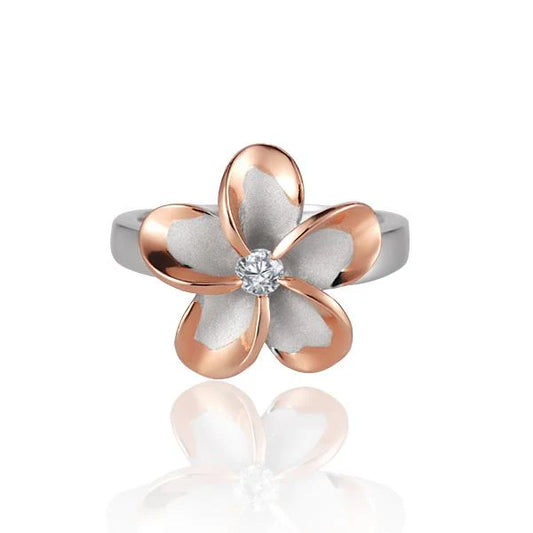 Sterling silver SR Plumeria CZ PG plated ring with 15mm design, featuring intricate floral details and sparkling gemstone accents.