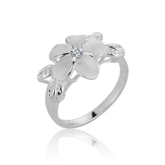 Sterling silver 4 Leaf Plumeria CZ ring with 12mm design, featuring detailed leaf and flower motifs, elegant jewelry piece.