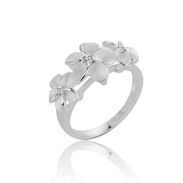 Hawaiian 925 Sterling Silver plumeria CL CZ ring featuring floral design, close-up of the jewelry piece.