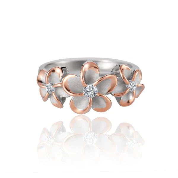 Hawaiian 925 Sterling Silver Plumeria CZ ring with rose gold plating, featuring 8mm, 10mm, and 8mm stones.