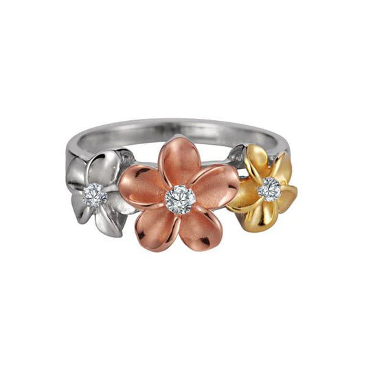 Sterling silver SR 8/10/8mm Tricolor Plumeria CZ ring featuring colorful flower design, crafted by Ashley's Gift Shop