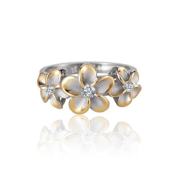 Hawaiian 925 Sterling Silver Plumeria CZ ring with yellow gold plating, featuring 8/10/8mm size, detailed.