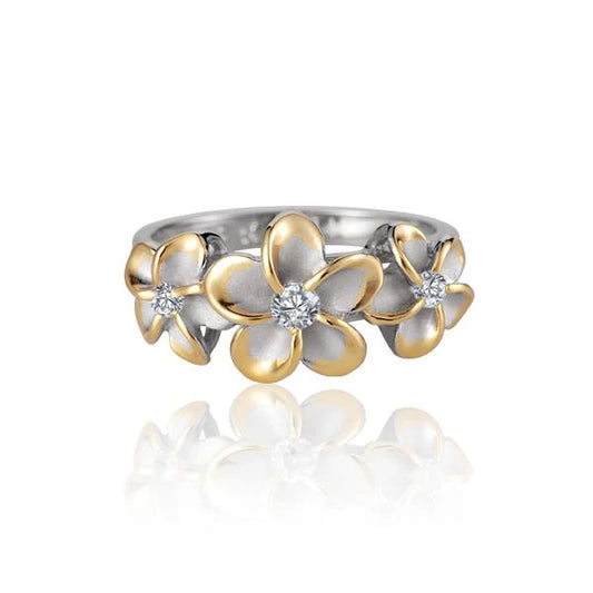 Sterling silver Plumeria CZ ring with yellow gold plating, featuring 8/10/8mm gemstones, designed by Ashley's Gift Shop.