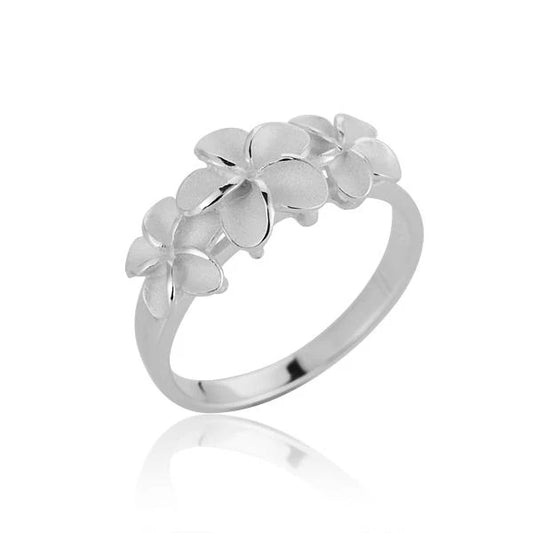 Sterling silver Plumeria ring with 8mm, 10mm, and 8mm band sizes featuring floral design, crafted by Ashley's Gift Shop.