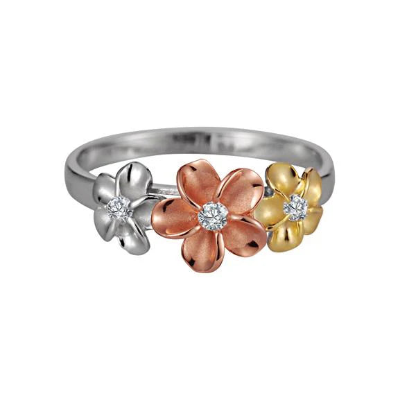 Hawaiian 925 Sterling Silver sR 6/8/6mm tricolor plumeria CZ ring with colorful flower design.