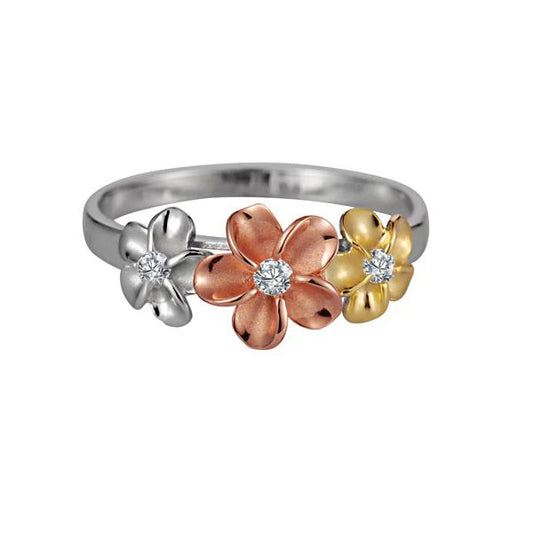 Sterling silver SR 6/8/6mm Tricolor Plumeria CZ ring with colorful flower design, crafted in 925 silver.