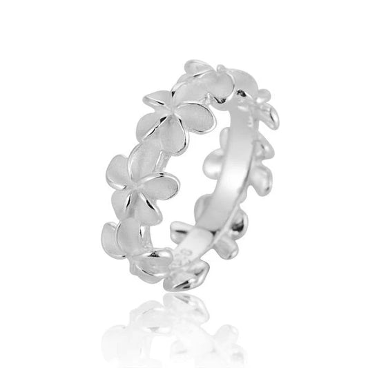 Sterling silver Plumeria Lei (L) ring by Ashley's Gift Shop, featuring intricate flower design and polished finish.