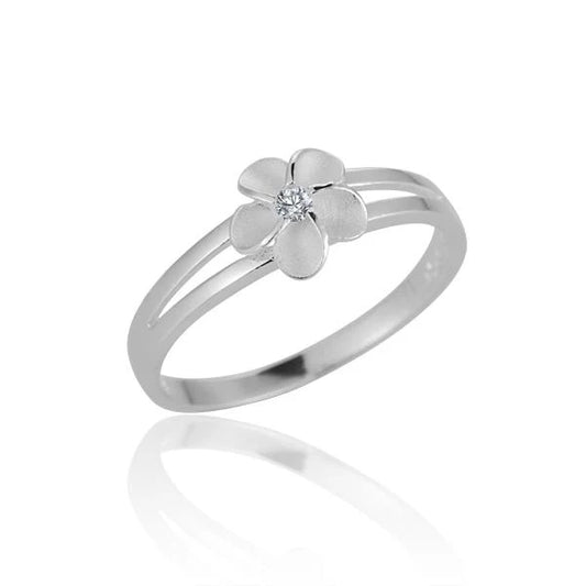 Sterling silver Plumeria CZ open band ring featuring a floral design, handcrafted by Ashley's Gift Shop.