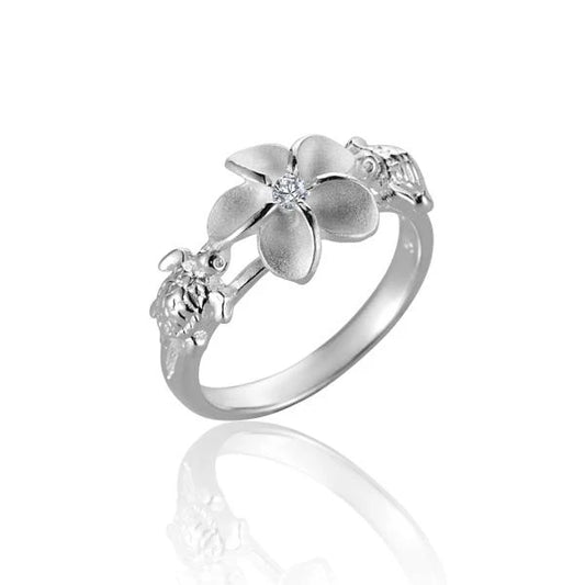 Sterling silver Honu Plumeria ring featuring a turtle and flower design, crafted by Ashley's Gift Shop.
