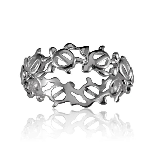 Hawaiian 925 Sterling Silver honu Lei Ring featuring a Hawaiian turtle design and floral lei motif.