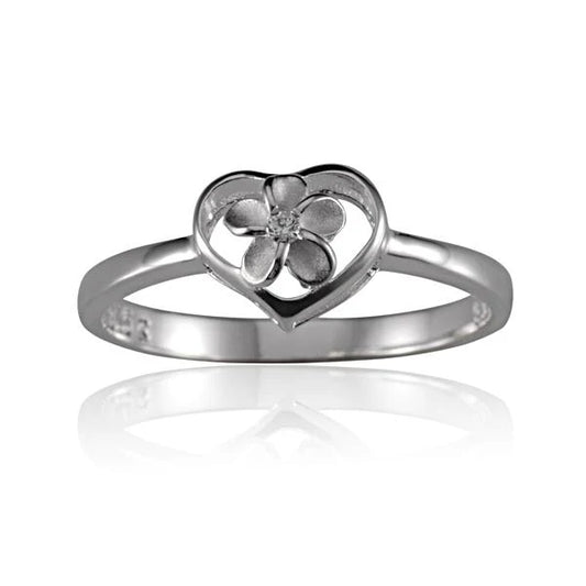 Sterling silver Plumeria in Heart ring with 6mm band, featuring floral design, crafted by Ashley's Gift Shop.