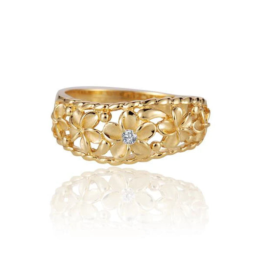 Sterling silver 5 Plumeria YG plated ring with floral design, showcasing intricate details and shiny finish.