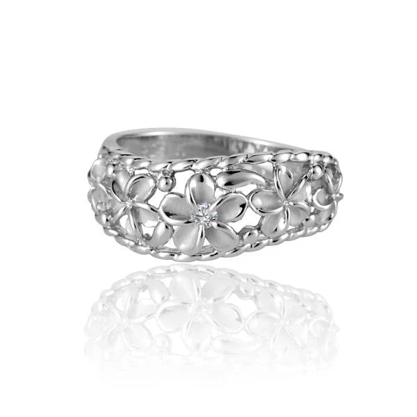 Hawaiian 925 Sterling Silver 5 Plumeria rhodium plated ring featuring floral design.