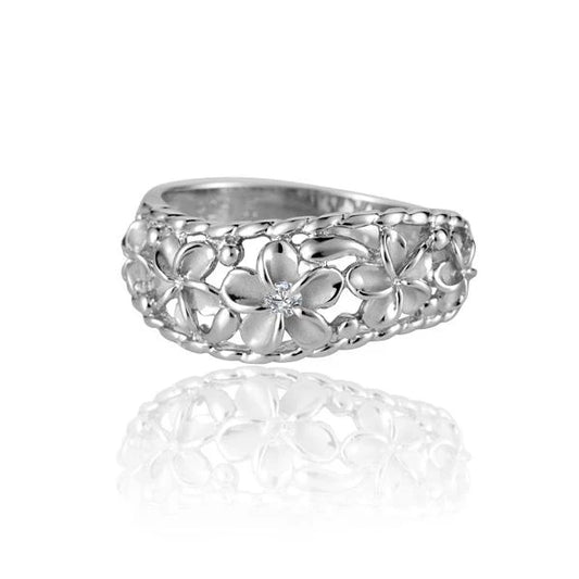 925 sterling silver Plumeria ring with rhodium plating, featuring intricate floral design and craftsmanship.