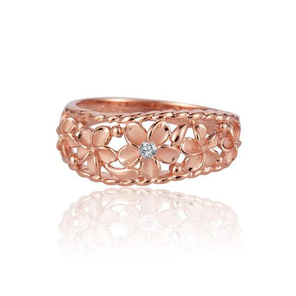 Hawaiian 925 Sterling Silver plumeria PG plated ring with floral design, size 5.