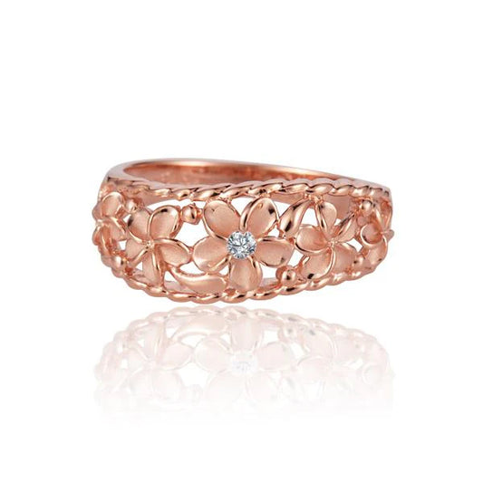 Sterling silver Plumeria PG plated ring with floral design, features a 925 silver band and intricate flower detailing.