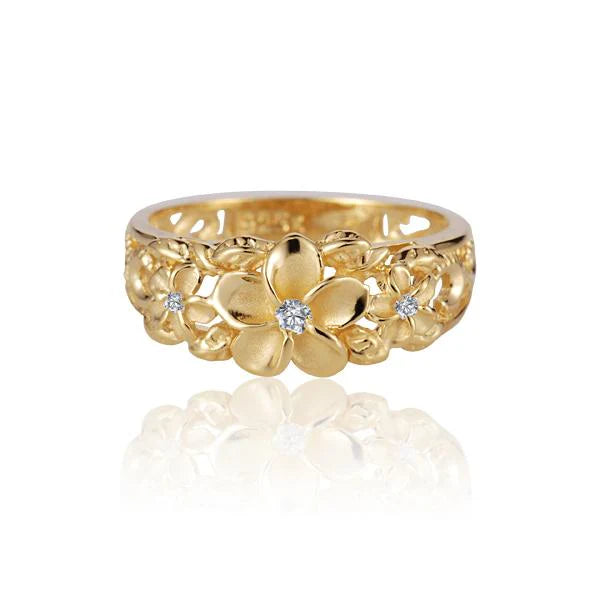 Hawaiian 925 Sterling Silver 3 Plumeria Scroll CZ ring with yellow gold plating, featuring intricate floral design.