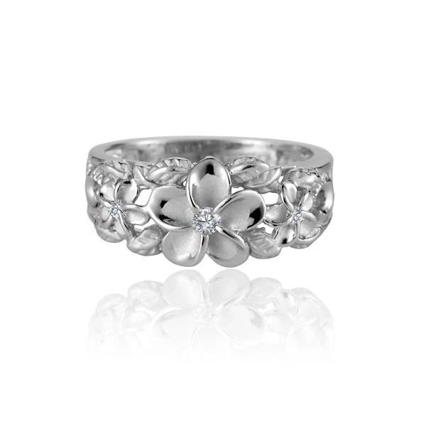 Hawaiian 925 Sterling Silver plumeria Scroll CZ ring with rhodium plating featuring intricate floral design and sparkling.