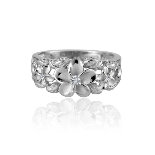 Sterling silver Plumeria Scroll CZ ring with rhodium plating, featuring intricate floral design and sparkling cubic zirconia accents.