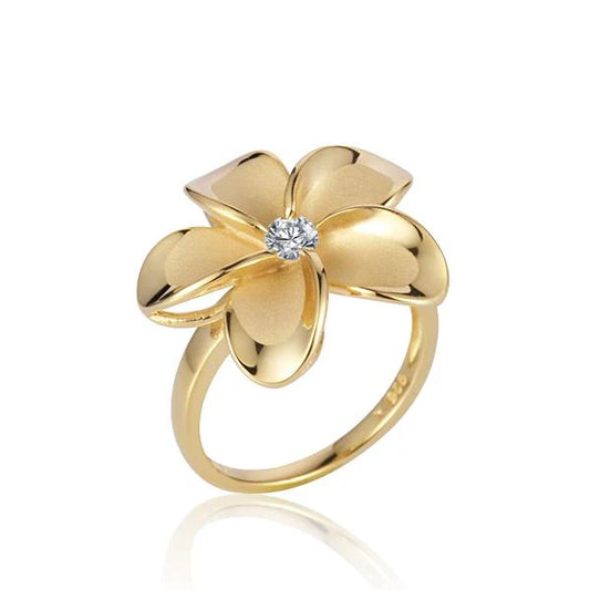 Sterling silver SR Plumeria CZ yellow gold plated ring featuring a floral design, size 22mm, on a plain background.