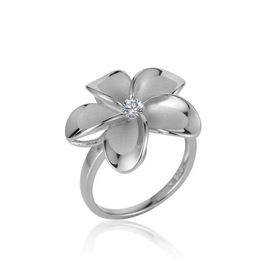 Sterling silver SR Plumeria CZ Rhodium ring with floral design, size 22mm, crafted by Ashley's Gift Shop.