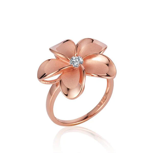Sterling silver SR Plumeria CZ PG plated ring featuring a detailed floral design, size 22mm, with sparkling cubic zirconia accents.