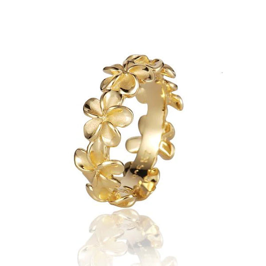 Sterling silver Plumeria Lei (L) YG plated ring featuring floral design, crafted by Ashley's Gift Shop.