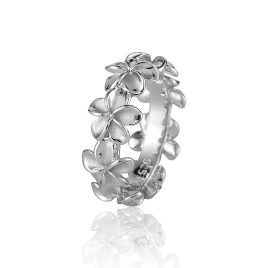 Large plumeria lei ring made of 925 sterling silver with rhodium plating, featuring detailed floral design.