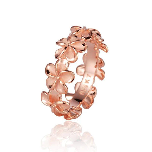 Sterling silver Plumeria Lei (L) PG plated ring with floral design, crafted by Ashley's Gift Shop.