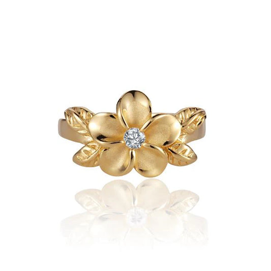 Sterling silver 4 Leaf Plumeria CZ ring with yellow gold plating, 12mm size, featuring detailed leaf design.
