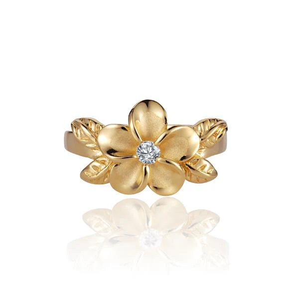 Hawaiian 925 Sterling Silver 4 Leaf Plumeria CZ ring with yellow gold plating, 12mm, featuring detailed leaf design.