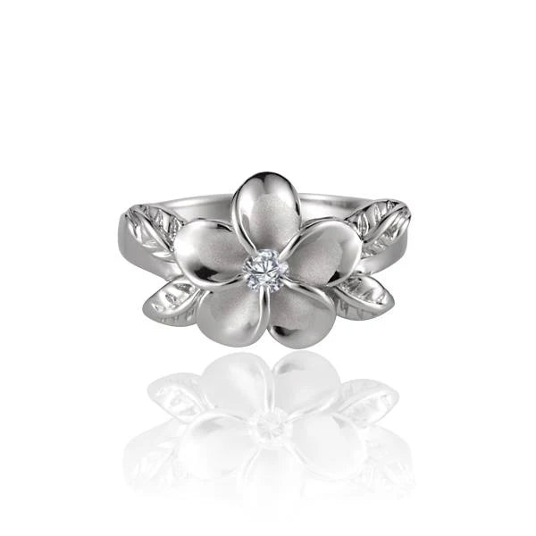 Hawaiian 925 Sterling Silver 4 Leaf Plumeria CZ ring with rhodium plating, 12mm size, featuring floral design.