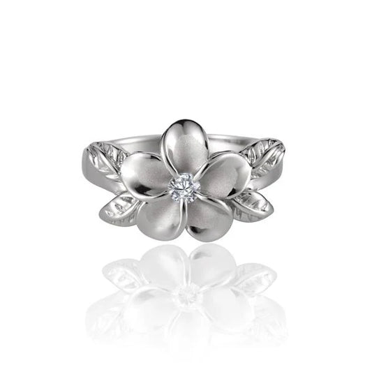 Sterling silver 4 leaf Plumeria CZ ring with rhodium plating, 12mm size, featuring floral design and shiny gemstone accents.